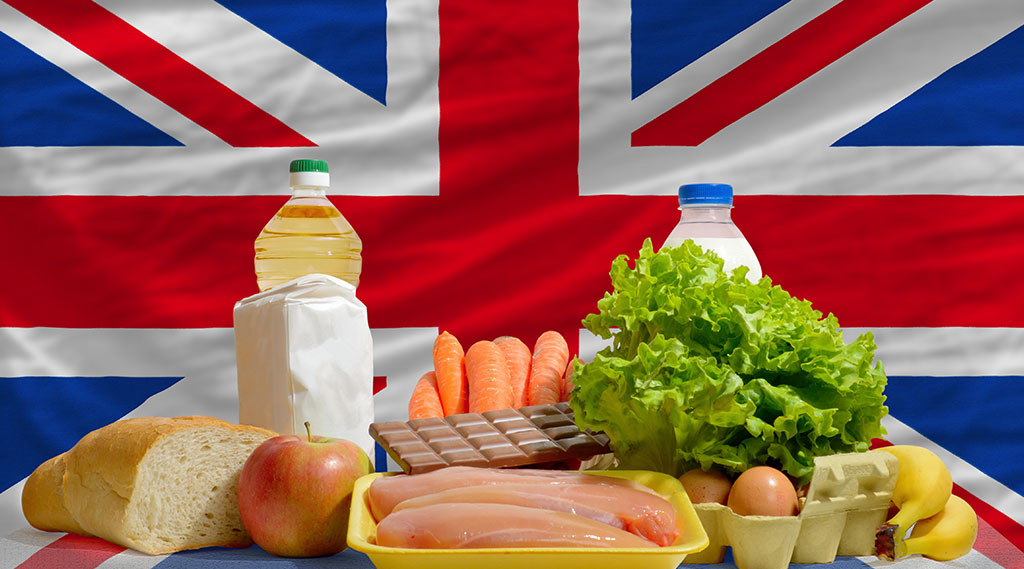 A selection of British food in front of the Union Jack flag