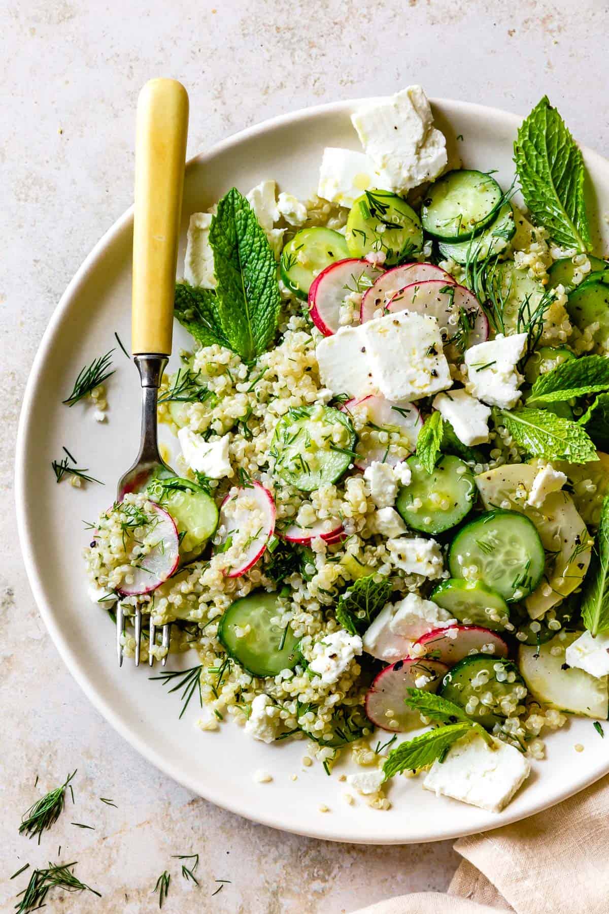 Quinoa cucumber salad with feta, dill and mint