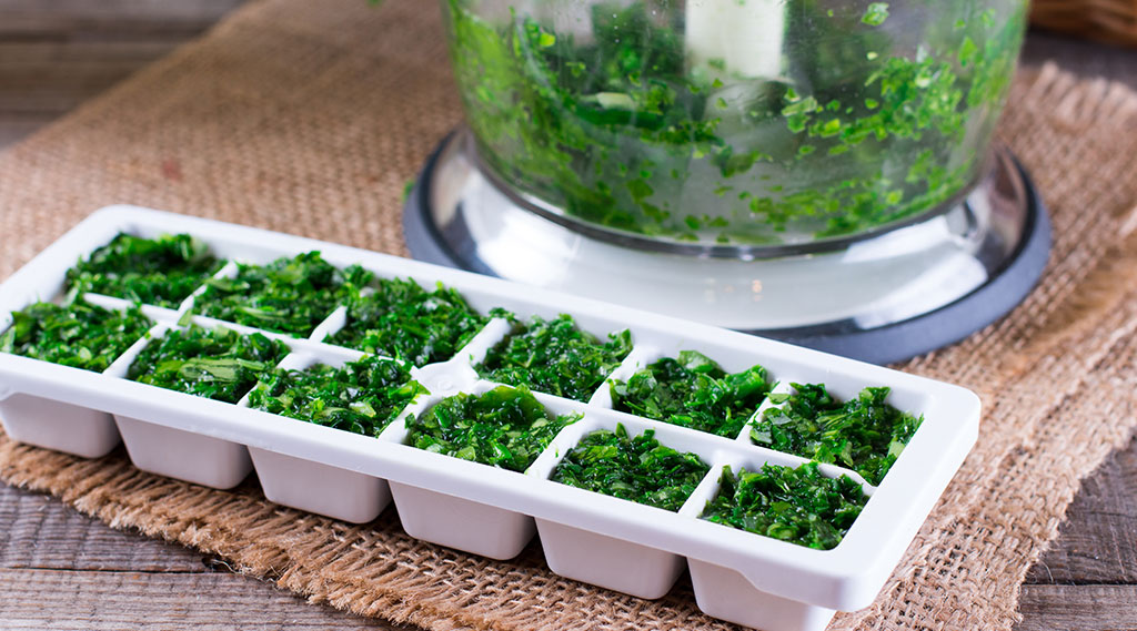chopped up fresh herbs in ice cube tray